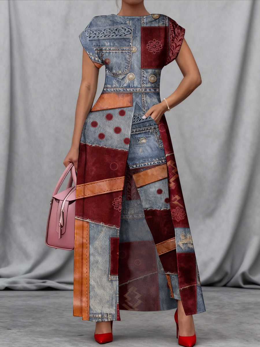 Retro Boho Denim Floral Art Print Vintage Long Split Shirts Dress Skinny Pants Two-Piece Set